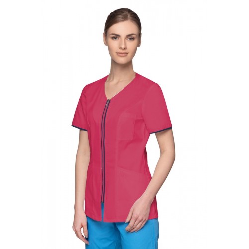 Bluza medyczna damska amarantowa, różowa na suwak rękaw krótki