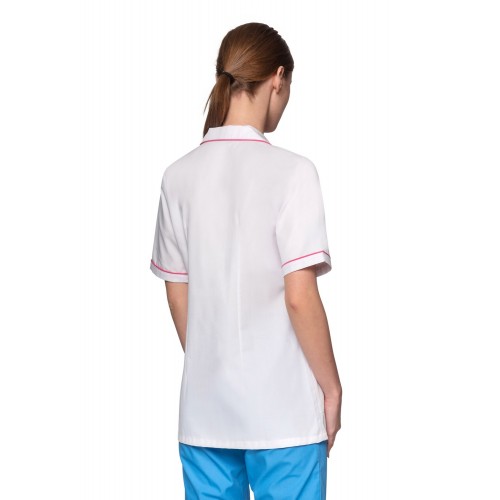 Bluza medyczna damska biała na napy z kołnierzem   rękaw krótki