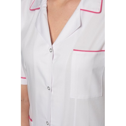 Bluza medyczna damska biała na napy z kołnierzem   rękaw krótki