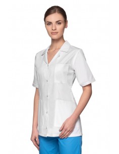 Bluza medyczna damska biała na napy z kołnierzem   rękaw krótki