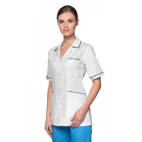 Bluza medyczna damska biała na napy z kołnierzem   rękaw krótki