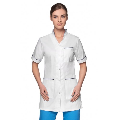 Bluza medyczna damska biała na napy serek ze stójką