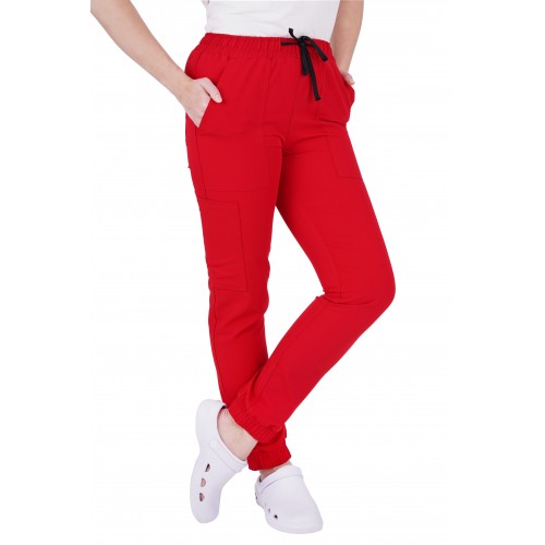 Spodnie medyczne damskie elastyczne joggery kolor czerwony wiskoza elastan poliester