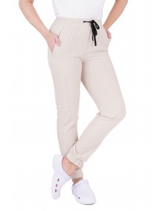 Spodnie medyczne damskie elastyczne joggery kolor jasny beżowy wiskoza elastan poliester