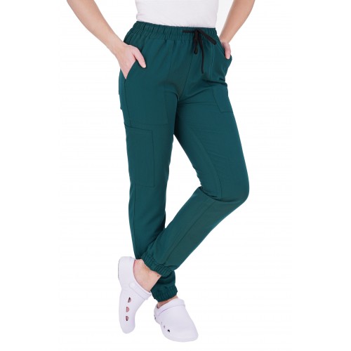 Spodnie medyczne damskie elastyczne joggery kolor zielony butelkowy wiskoza elastan poliester